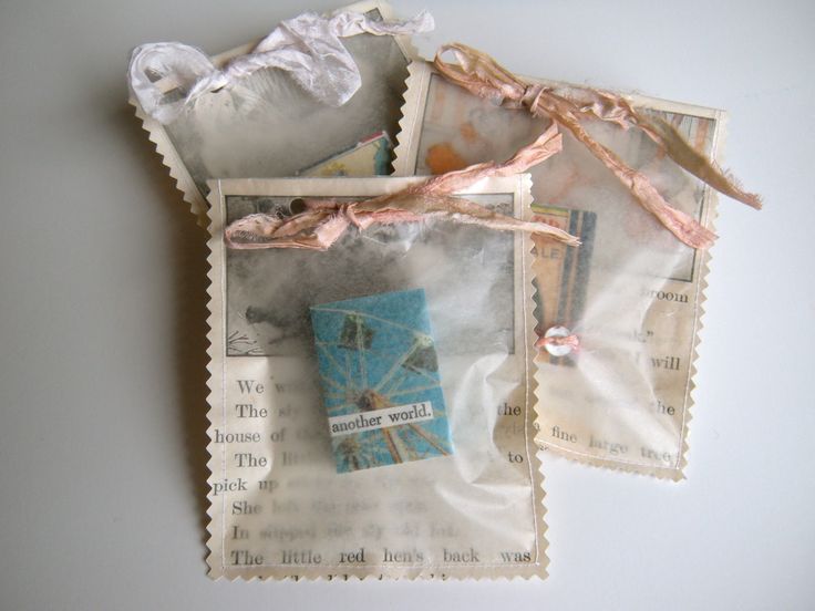 These little bags above are made from storybook pages and wax paper  the ribbon ...