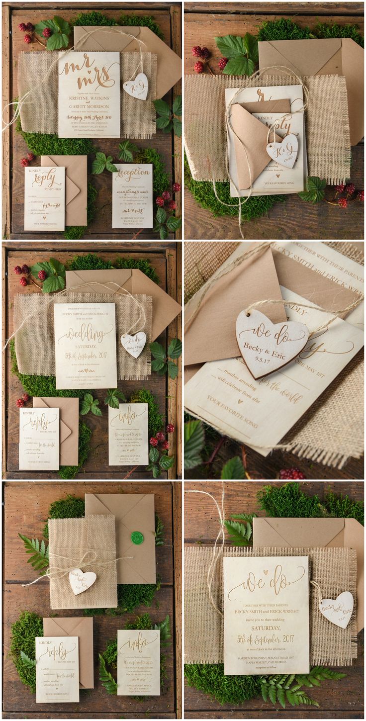 Wooden Wedding Invitations - custom engraved with heart tag and burlap wrapping ...
