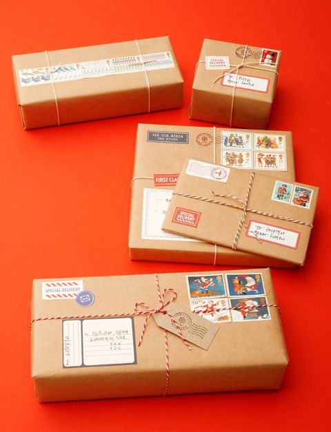 Christmas wrapping idea: use brown paper, old used or fake stamps, old style pos...