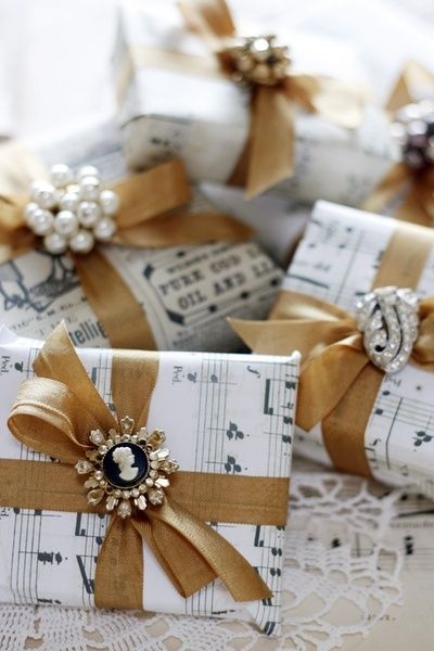 wrapping paper and old costume jewelry