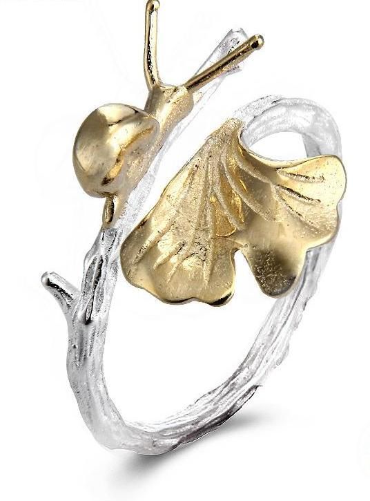 14K Yellow Gold & Silver Nature Leaf Motif Ring