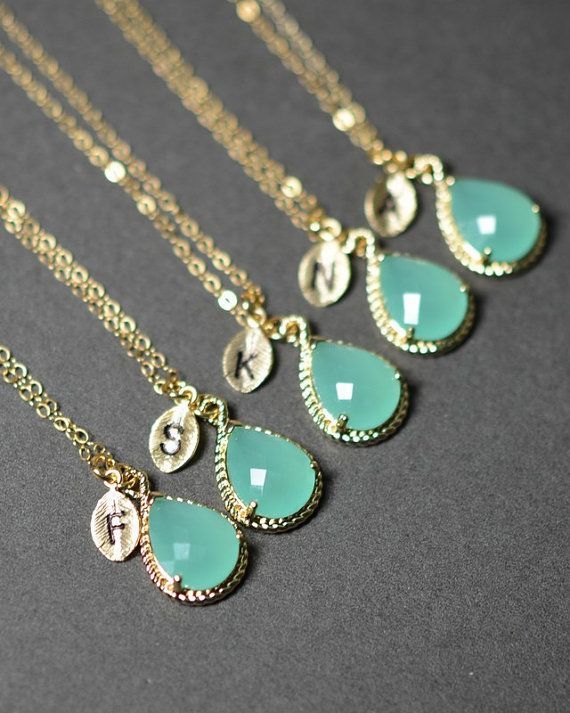 Mint opal green/gold monogram necklaces for your bridesmaids