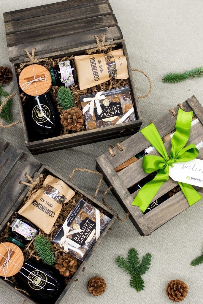 CORPORATE EVENT GIFT BOXES// Custom designed brown and neutral holiday crates fo...