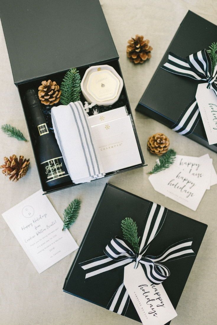 HOLIDAY GIFT BOX// Black and white custom client gift boxes designed for the hol...