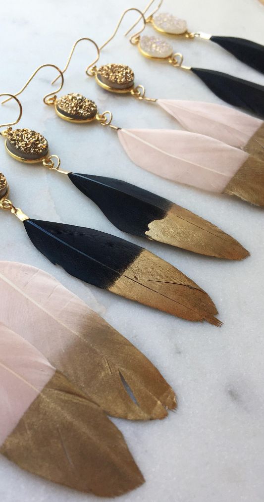 Gold Dipped Feather Earrings, Gold Druzy Earrings #Jewelry #Druzy #Feathers #Ear...