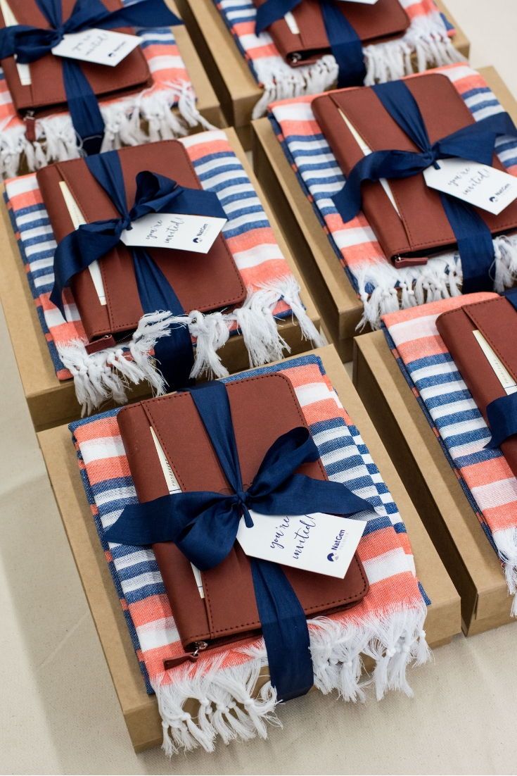 CORPORATE EVENT GIFT BOX// Beige, blue and salmon luxury gift boxes custom desig...