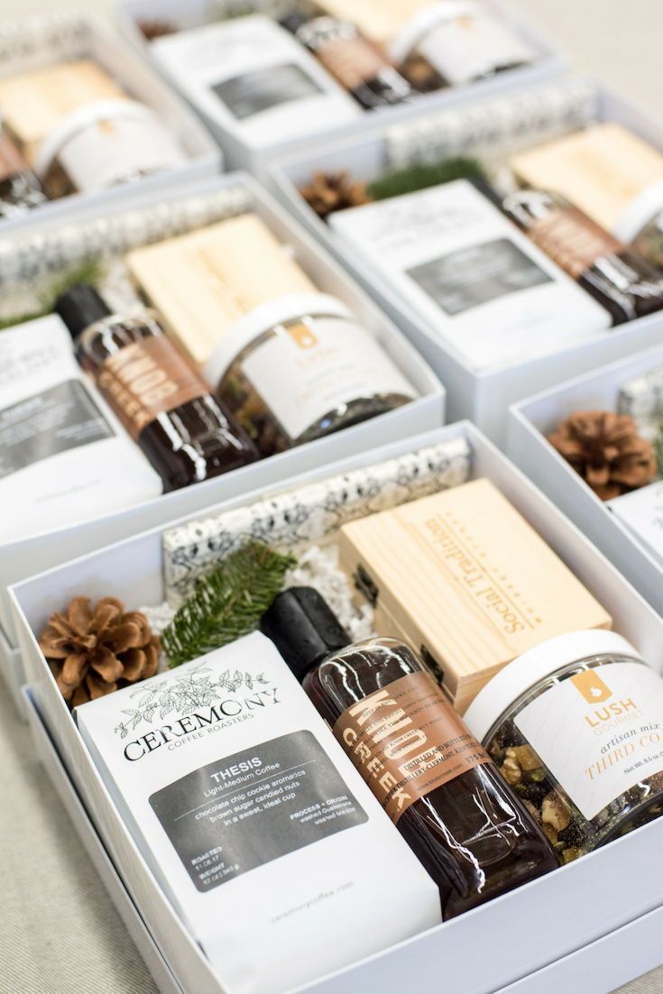 HOLIDAY GIFT BOX// White and brown corporate holiday gift boxes custom designed ...