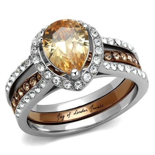 A Perfect 3CT Pear Cut Champage Russian Lab Diamond Halo Wedding Ring Bridal Set