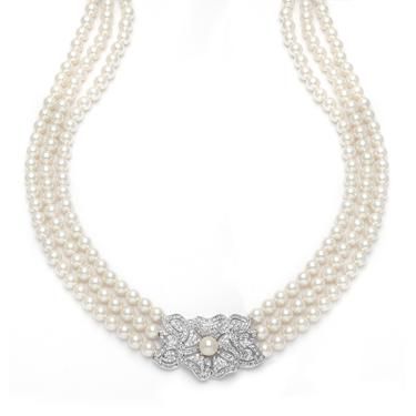 Triple Strand Pearl and Cubic Zirconia Necklace