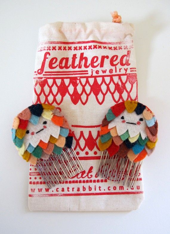 Feathered Haircombs by catrabbitplush on Etsy, $40.00