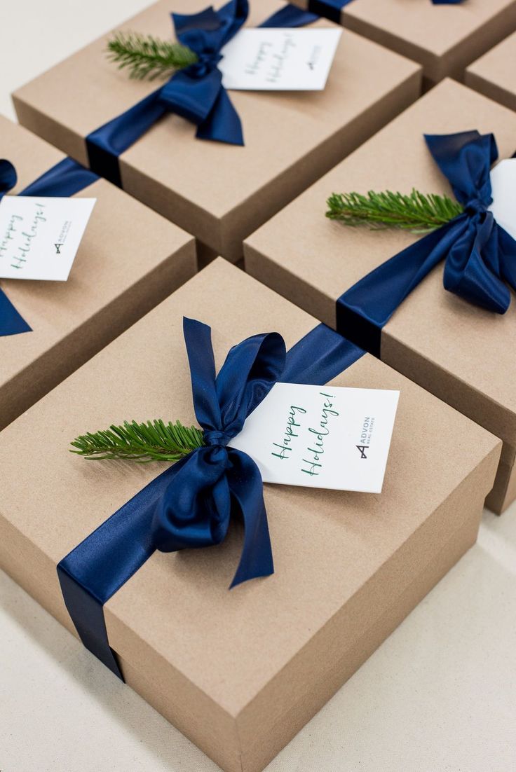 CLIENT GIFTS// Kraft and navy Real estate client appreciation gift boxes, curate...