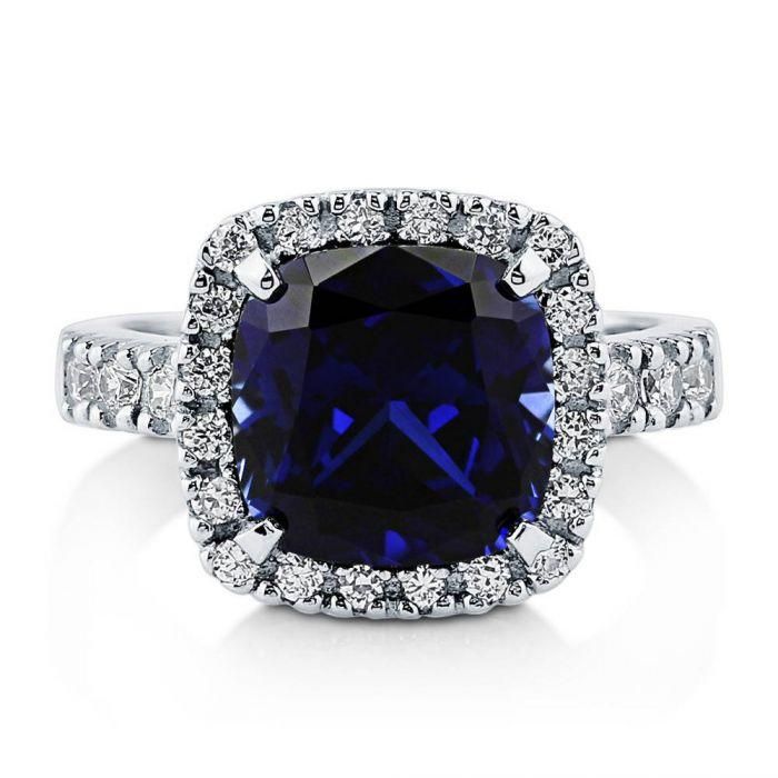 A Perfect Blue 6CT Cushion Cut Halo Russian Lab Diamond Engagement Ring