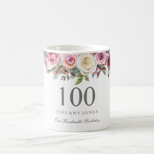 Elegant White Rose Pink Floral 100th Birthday Coffee Mug