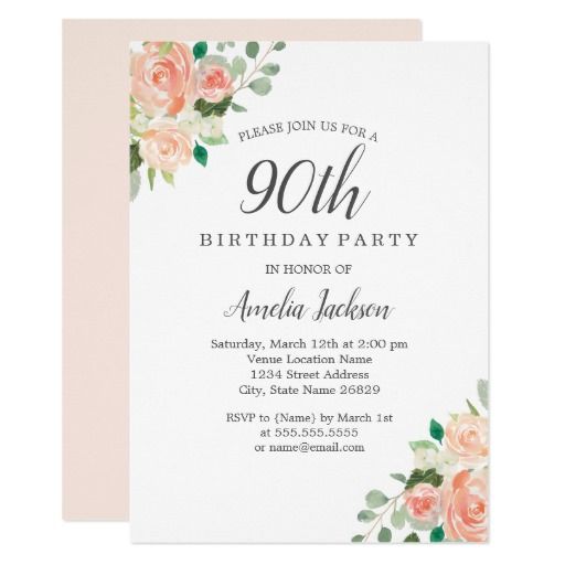 Peach Blush Watercolor Floral 90th Birthday Party Invitation