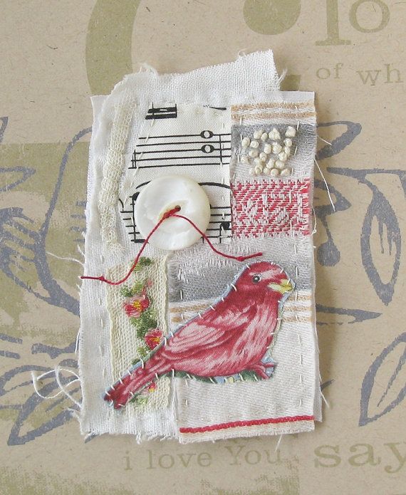 Stitched and embroidered mini textile art bird by ColetteCopeland, $14.50