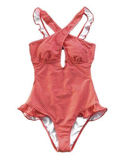 Tiny polka dot red bathing suit with lovely ruffle hems | Cute one piece swimsui...