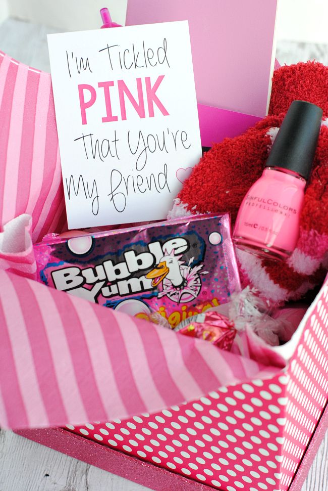 Tickled Pink Gift Idea-Fill a box with all things pink and then add this cute ta...