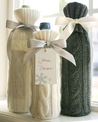 Use the sleeve from an old sweater to cover a bottled gift. Cute winter idea!