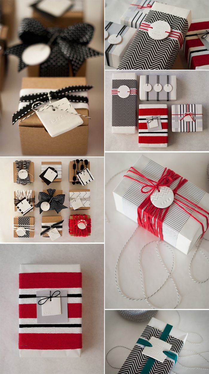 giftwrapping ideas. I like how the gift tags are held in place with ribbon.
