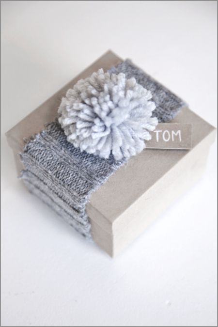 re-purposed sweater wrapping and pom