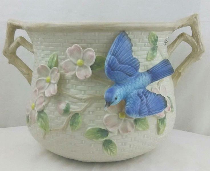 VTG Retired Fitz and Floyd Blue Bird Pink Dogwood Blossom Double Handle Canister...