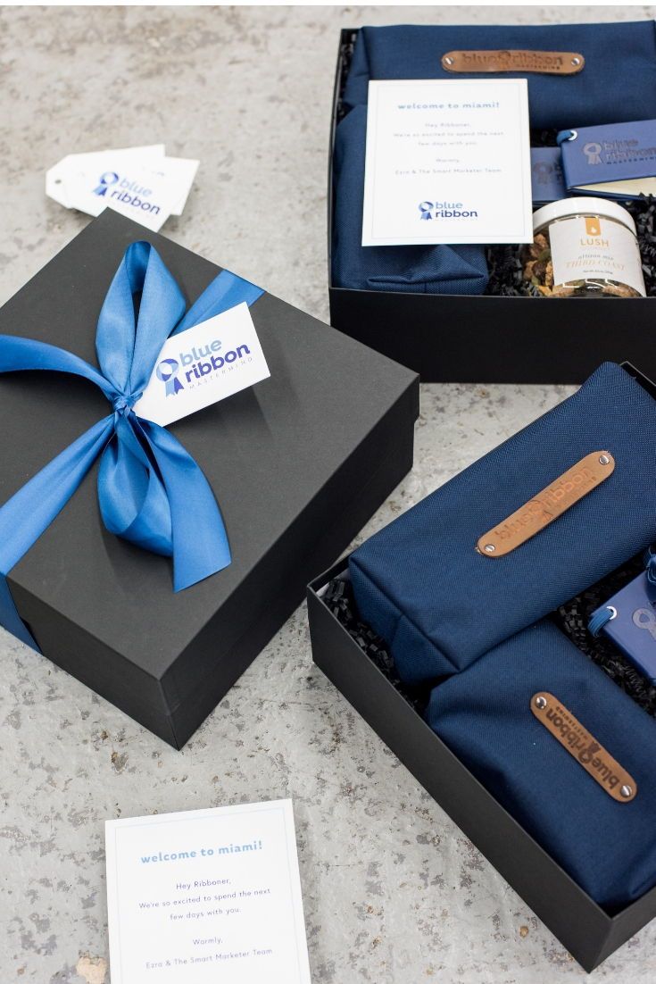 CORPORATE EVENT GIFTS//  Blue and black company logo corporate retreat gift boxe...
