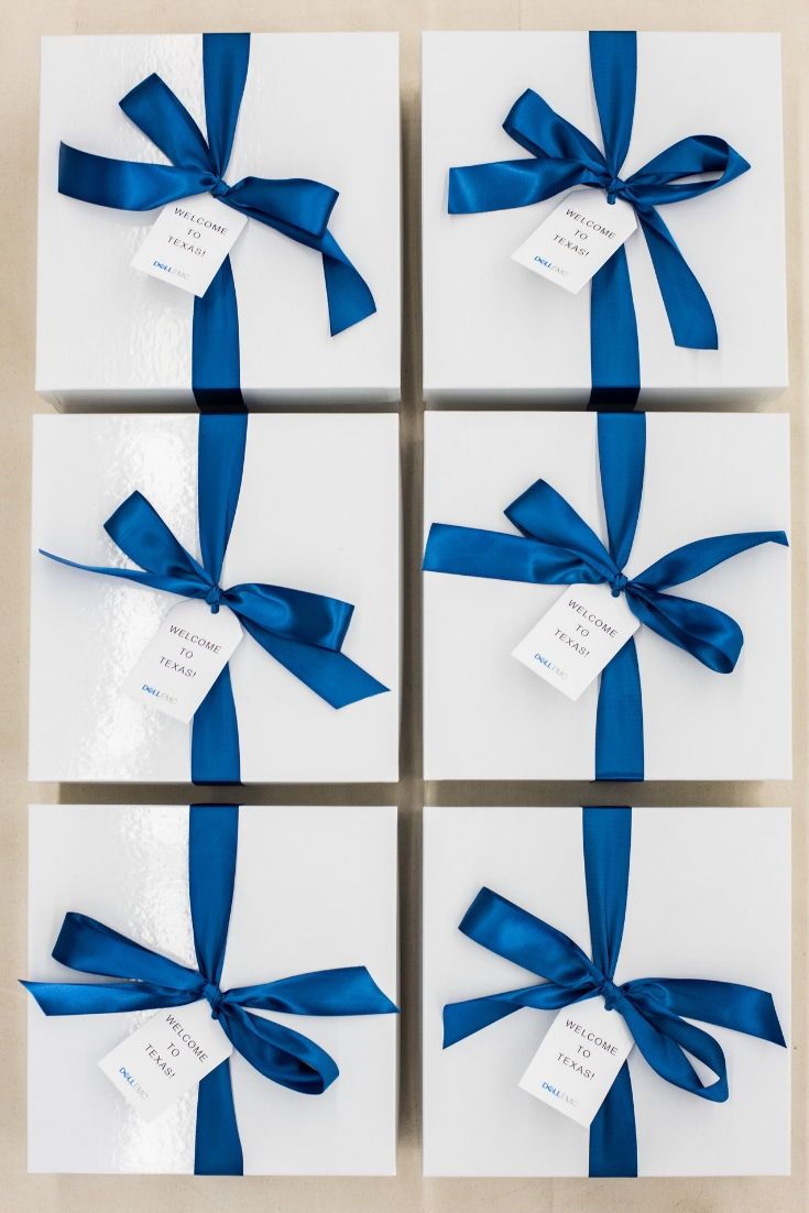 CORPORATE EVENT GIFTS// Blue and white corporate retreat gift boxes custom desig...