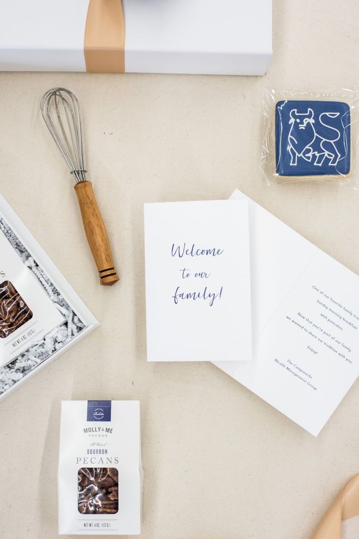 CLIENT GIFTS// Royal blue, gold and white client 'Welcome to Our Family' gift bo...