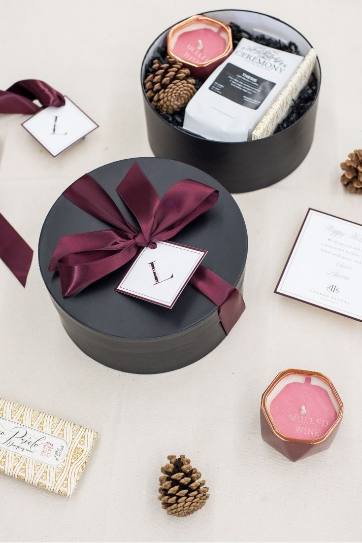 CLIENT GIFT BOX// Black and maroon holiday hatboxes custom designed for photogra...