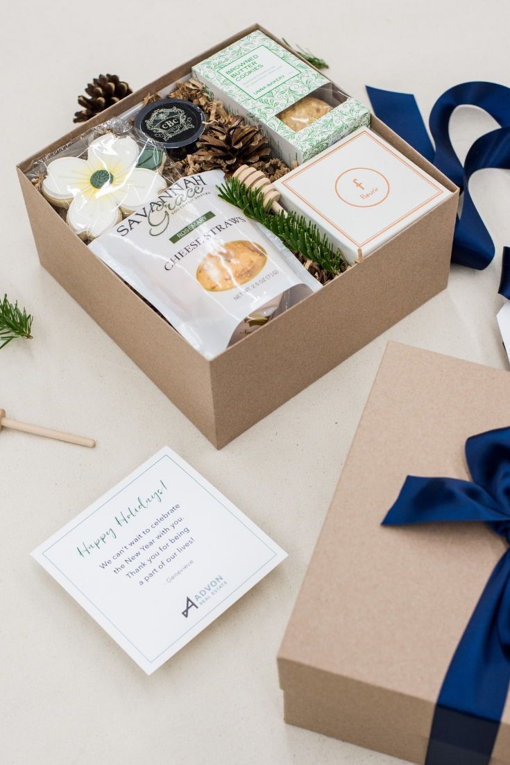 CLIENT GIFTS// Navy and mustard new year inspired client appreciation gift boxes...