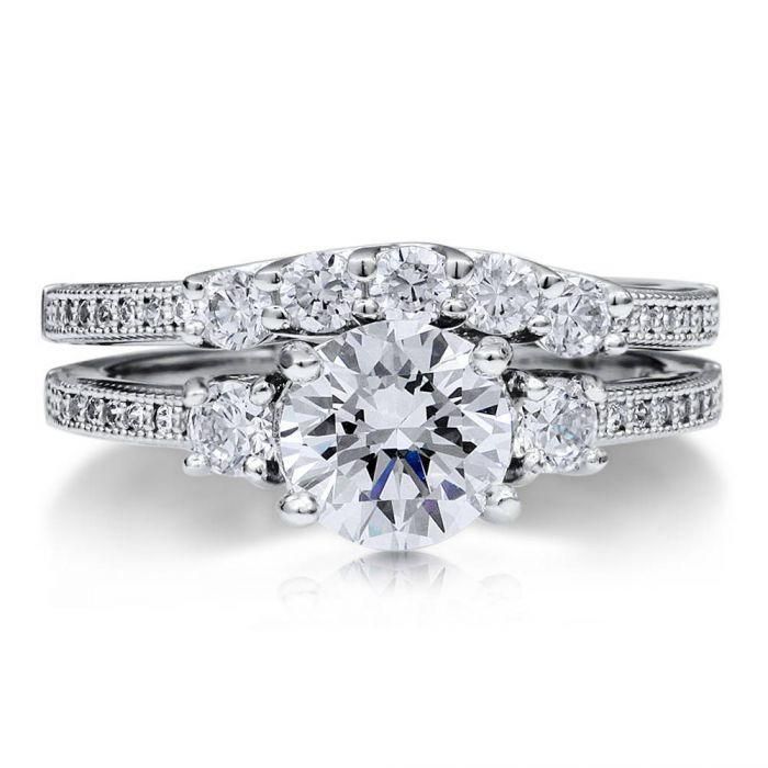 A Perfect 1.6CT Three Stone Journey Russian Lab Diamond Bridal Set Ring