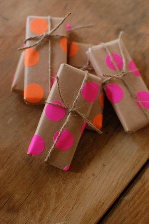 Neon dots on kraft paper, tied up with string