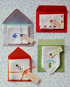 Create custom handkerchief Christmas cards. (Great craft for kids!)