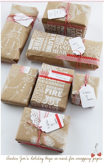 Trader Joe's Bags used for wrapping paper, brilliant idea!