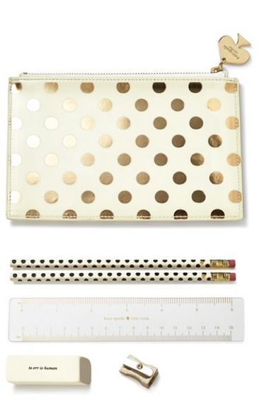 Cute gold dot pouch with pencils and office must-haves by kate spade.