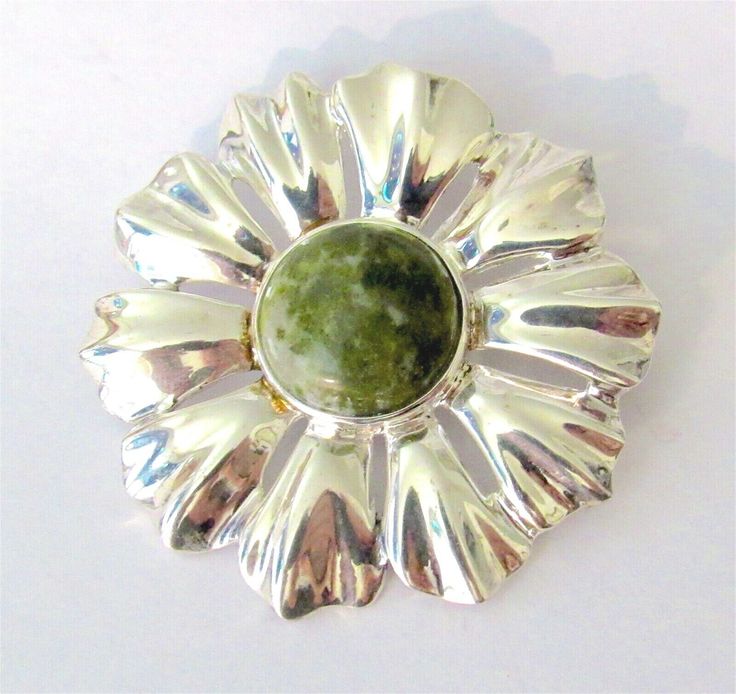 VTG IRELAND 925 Sterling Flower Pin/Pendant w/ Green Connemara Marble Gemstone |...
