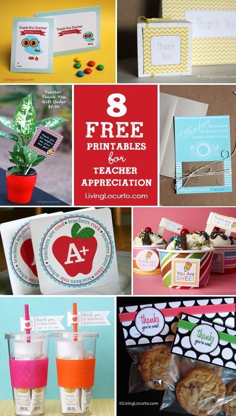 8 Teacher Appreciation Free Printables. Cute Thank You Cards, Tags and gift idea...