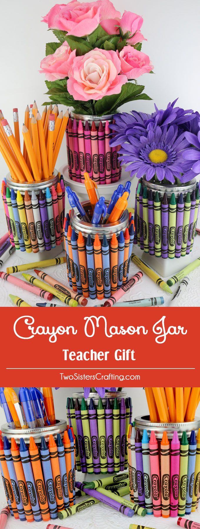 Crayon Mason Jar Teacher Gift - all you need is a Mason Jelly Jar, a box of cray...