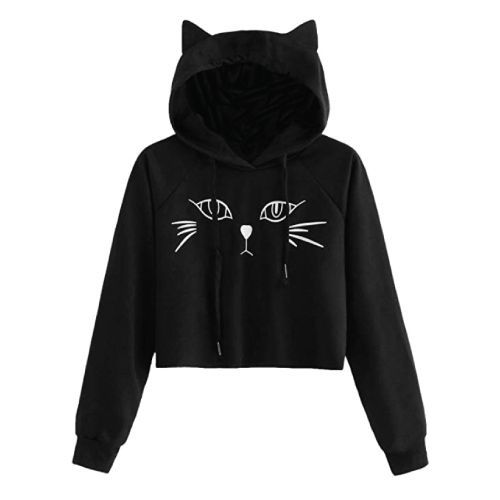 Black Cat Crop Hoodie with Ears. Cool cat outfits.