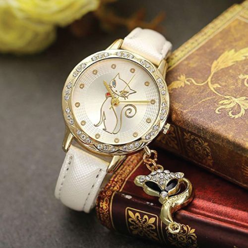 Golden Rhinestone Cat Watch with Cat Charm | Cute cat watch for teens