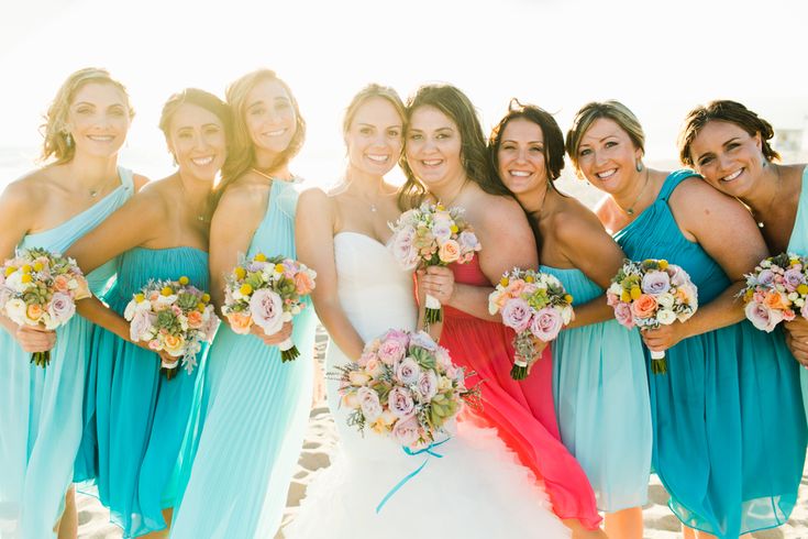 Blue and coral bridesmaids dresses