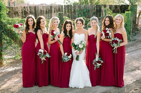 Maroon red bridesmaids dresses