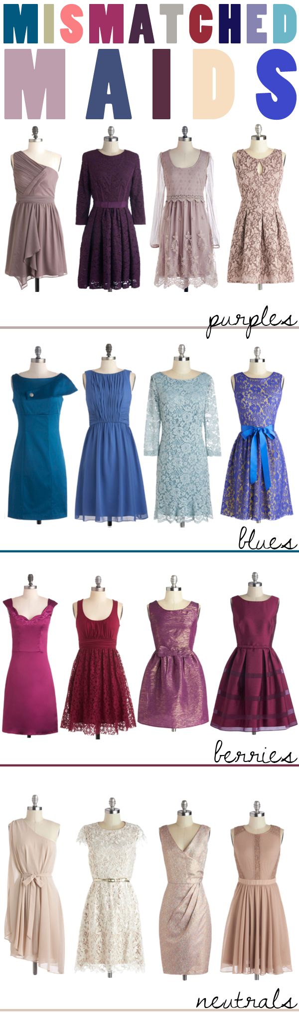 Mismatched Maids: pairing dresses in different hues & textures.