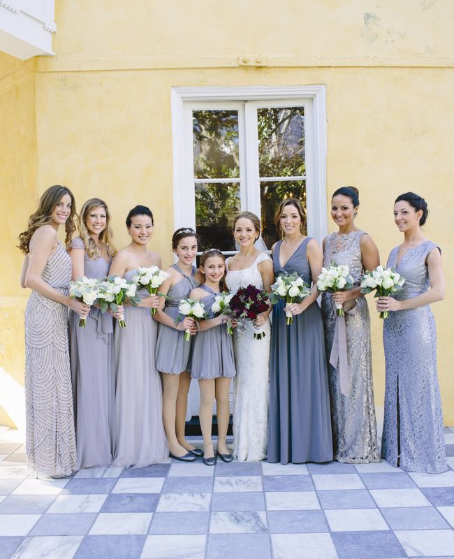 Mixed Gray and Silver Mismatched Bridesmaid Dresses | Paige Winn Photo | Blog.Th...