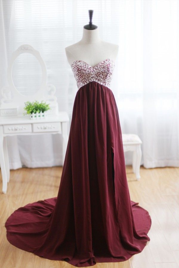Wine Red Burgundy Chiffon Bridesmaid Dress / Prom Dress / Strapless Beaded Dress