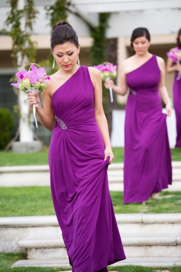 long purple dresses with jeweled details...good idea for bridesmaids who dont li...