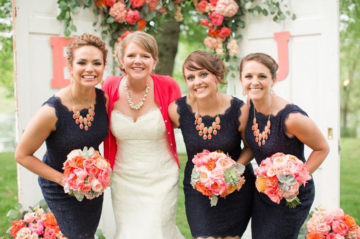 navy bridesmaids dresses coral accents