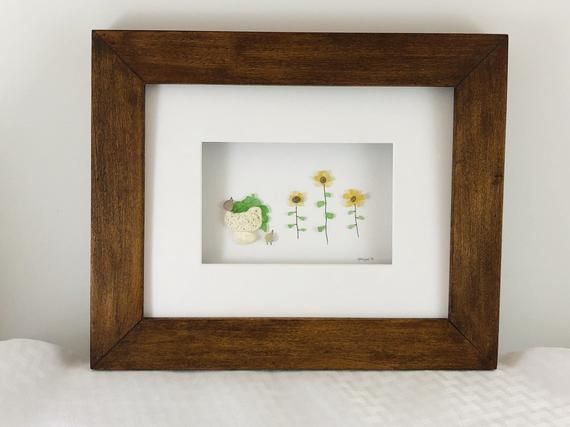 8 x 10 Framed Wall Art | Pebble art Sea Glass picture by Jodi Bolger | Sunflower...