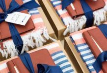 Best Corporate Gifts Ideas : CORPORATE EVENT GIFT BOX// Beige, blue and salmon l...
