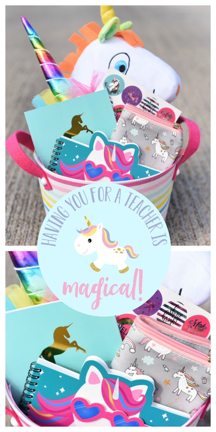 Unicorn Themed Teacher Gift-This cute gift basket is filled with cute unicorn it...